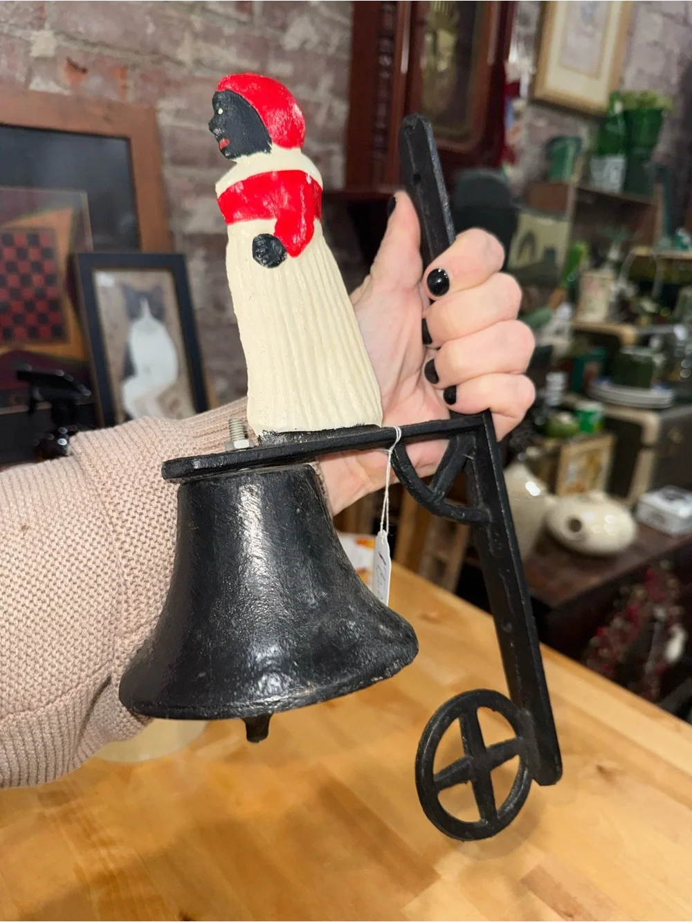 Vintage Red Dress Lady & White Apron Cast Iron Bell